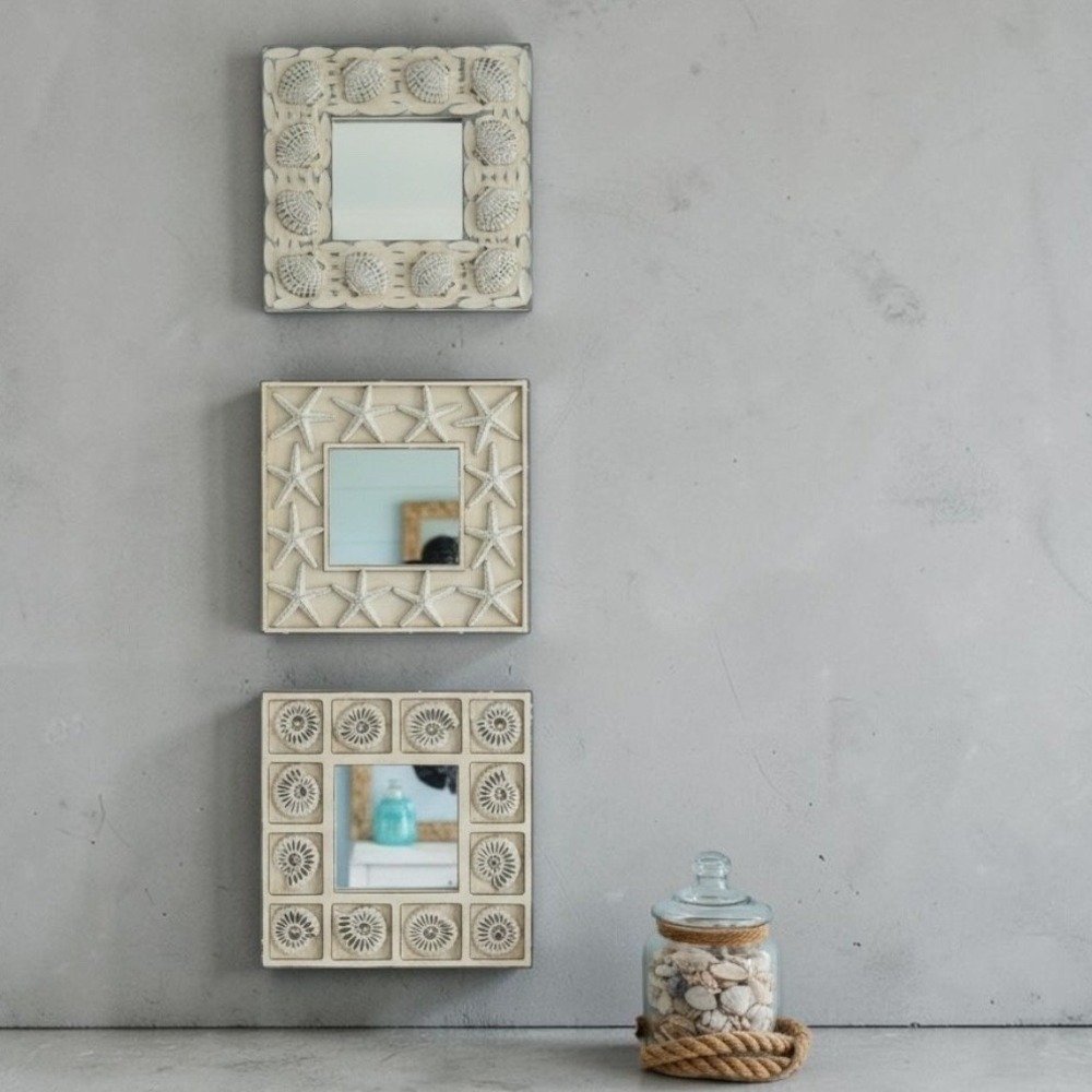 Vintage Coastal Wall Mirror Set of 3 Shell Starfish Ammonite Beach House Decor